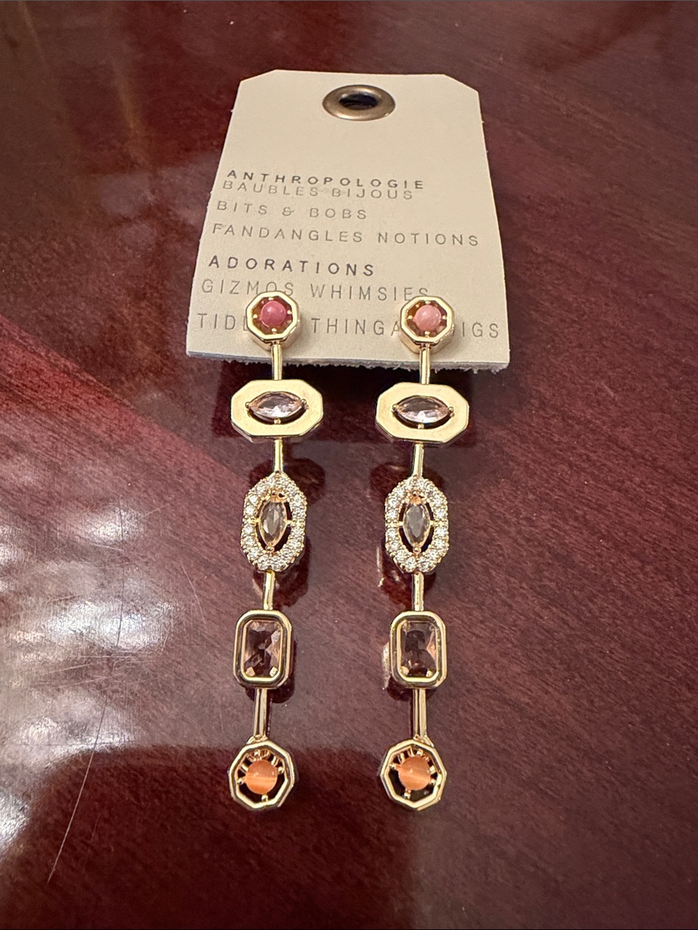 Anthropologie 14kGold Plated Drop Earrings with Pink and Peach Stones